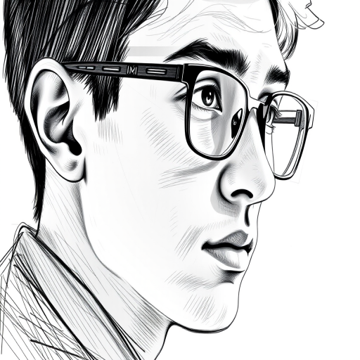 Create a detailed sketch of a young man with glasses, captured from a slight side profile view, using a high-resolution digital art style with sharp lines and textured shading, simulating a DSLR camera effect with settings of f/2.8 aperture, ISO 100, and a 50mm lens to enhance depth of field and clarity.