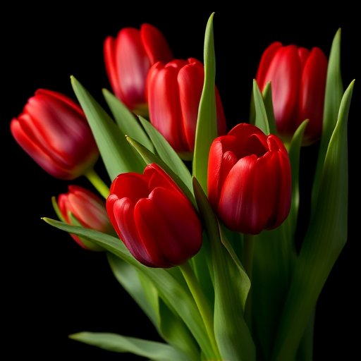Red tulips with lush green leaves against a black background, macro photography, aperture f/2.8, shutter speed 1/100s, ISO 100, macro lens, soft diffused lighting.