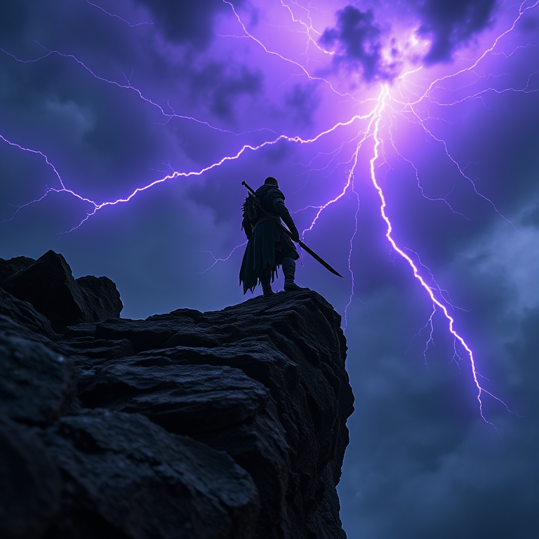 A dark fantasy scene featuring a lone warrior with a sword standing on a rocky cliff, illuminated by purple lightning against a stormy sky, captured with a DSLR camera at f/2.8, ISO 100, 1/200 sec, wide-angle lens for dramatic perspective, low angle view for emphasis on the warrior.