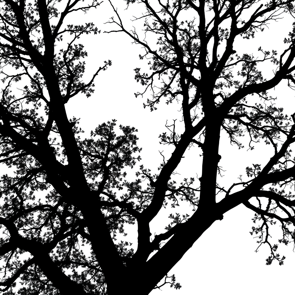 Generate an image of a black silhouette of a tree against a white background, captured with a Canon EOS 5D Mark IV, 50mm lens, aperture f/8, ISO 100, in a high dynamic range style with a shallow depth of field.