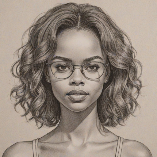 Enticing Ashleigh Murray, pencil sketch, portrait of Gorgeous woman 1969s in glasses, hair style beatnik, outline, clear lines, fine lines, 8k