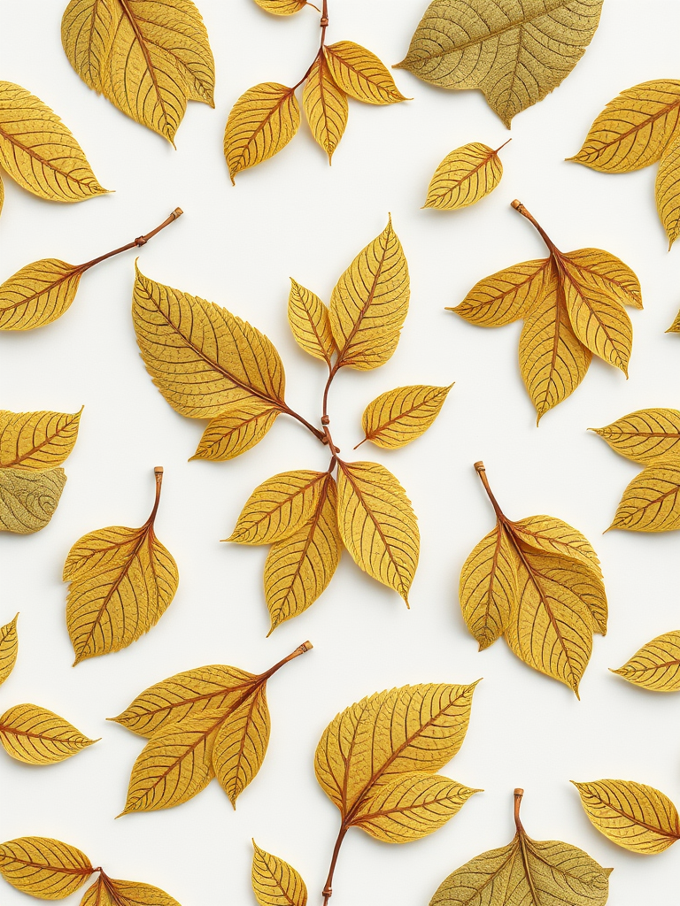 Create a seamless pattern design featuring intricately detailed leaves arranged in a vertical layout on a light gray background, captured using a DSLR camera with a 50mm lens at f/8 aperture, ISO 100, and a shallow depth of field to enhance clarity.