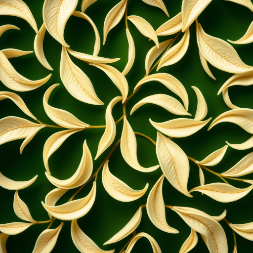 Create an intricate pattern of flowing leaves in pale cream on a deep green background, captured in macro view with a DSLR camera set to f/2.8, ISO 100, and a shutter speed of 1/200s, using a natural light style for soft shadows and rich color depth.