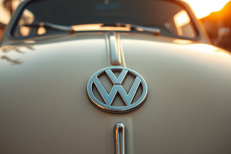 Close-up shot of a vintage Volkswagen car hood with chrome emblem, golden hour lighting, shallow depth of field, f/2.8 aperture, ISO 100, 50mm lens, DSLR camera, high-resolution photography.