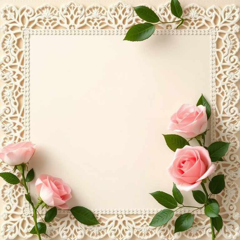 Create a high-resolution image of a blank cream-colored card with ornate lace borders, adorned with soft pink roses and green leaves, captured with a DSLR camera at f/2.8 aperture, 50mm lens, in natural light with a shallow depth of field for a delicate focus effect.