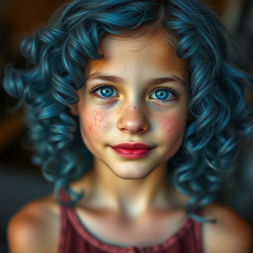 Portrait of a girl with curly blue hair and freckles, soft focus, warm lighting, 50mm lens, f/1.8 aperture, ISO 100, natural light, candid style, shallow depth of field
