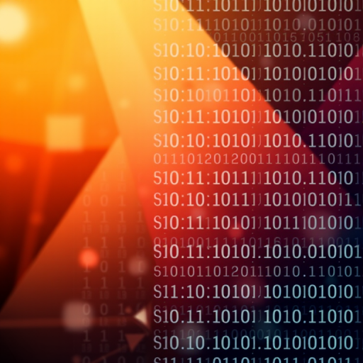 Create an abstract digital art piece featuring binary code overlaying a gradient background with geometric shapes, utilizing a Canon EOS R5 camera, aperture f/8, ISO 100, shutter speed 1/125s, with a macro lens to capture intricate details and enhance image clarity.
