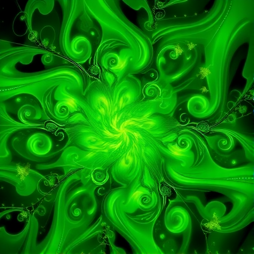 Create a vibrant green fractal design with luminous swirling patterns and abstract shapes, using a DSLR camera at f/2.8 aperture, ISO 100, captured from a close-up perspective with a macro lens.