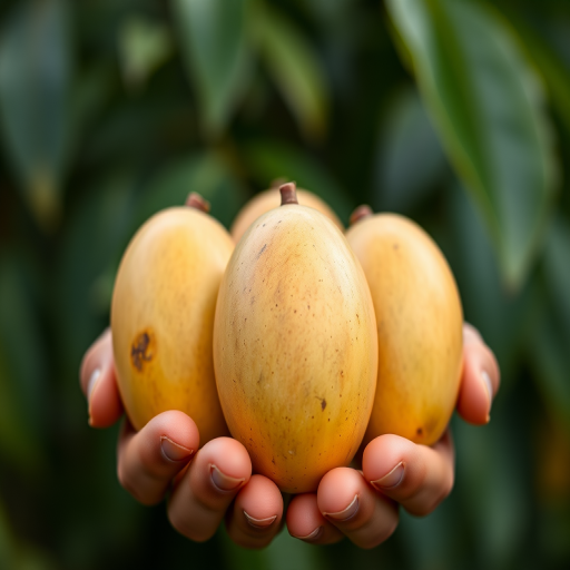 close-up of three ripe mangoes in hands against a blurred green background, taken with a Canon EOS R5, 50mm lens, f/1.8 aperture, ISO 100, natural light, shallow depth of field