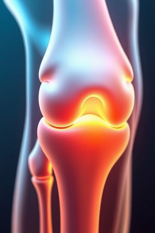 Create a highly detailed digital illustration of a human knee joint with a focus on highlighting inflammation, using a macro lens at f/2.8, 100mm focal length, 1/125s shutter speed, soft lighting, and a shallow depth of field to enhance the clarity of the bones and soft tissues around the knee.
