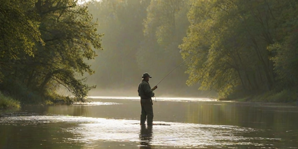 Sharp, early morning shot of a fisherman standing by a river, casting a line into the water, mist rising from the surface, soft sunlight glinting off the ripples, trees lining the banks, the distant sound of birds chirping in the stillness.