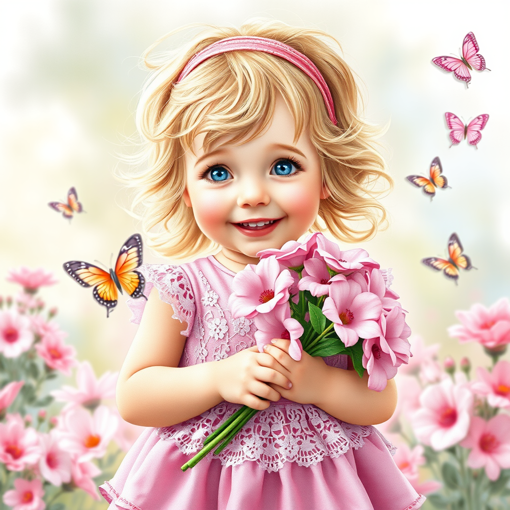 hyperrealism happy smiling toddler girl with messy wavy blonde hair with a headband, she is wearing a pink and white lace dress with pink and white shoes, she is holding a pink bouquet of flowers. Pink flowers and butterflies. summer background. Watercolor Highly detailed