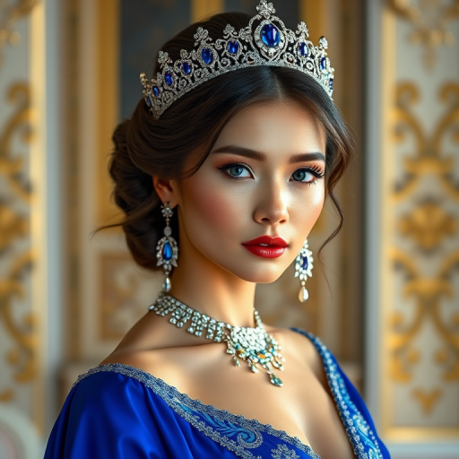 A gorgeous Kyrgyz woman in a luxurious blue gown, accessorized with a dazzling tiara and statement earrings, her deep blue eyes highlighted by impeccable makeup, poised in a royal setting, photorealistic, 8K quality