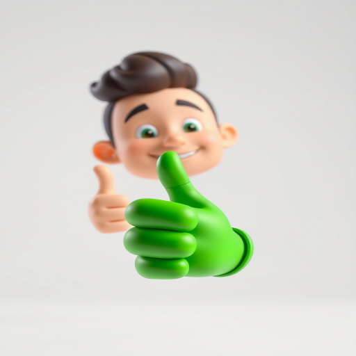 3D character model giving a thumbs up with a green hand, plain white background, soft lighting, Canon EOS R5, 50mm lens, f/2.8, ISO 100, high dynamic range.
