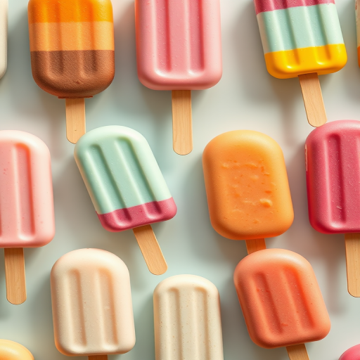Create a high-resolution digital illustration of various ice cream pops in a grid layout, featuring vibrant colors and smooth textures, using a Canon EOS R5 camera with a 50mm lens, f/1.8 aperture, ISO 100, natural lighting, and a shallow depth of field for enhanced focus on the pops.