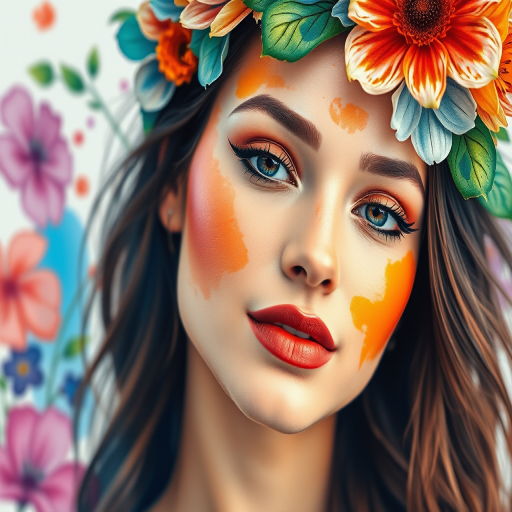 Create a vibrant watercolor portrait of a woman with abstract floral elements and dynamic colors, using a Canon EOS R5 with a 50mm f/1.2 lens, aperture set to f/2.8, ISO 100, and a shallow depth of field to enhance details and soften the background.