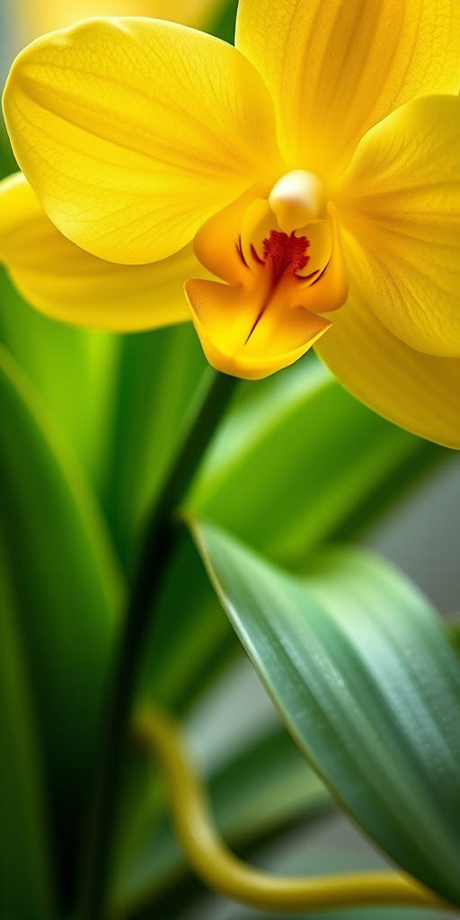 Create a detailed illustration of a bright yellow orchid with lush green leaves, captured in macro perspective using a DSLR camera at f/2.8 aperture, ISO 100, and a 50mm lens to enhance the image quality and focus on the intricate textures of the petals.