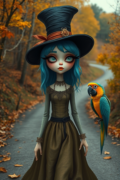 digital art fantasy depicting a strange girl with blue hair, long eyelashes, Yellow lipstick and a tall hat walking along a winding road on an autumn afternoon, an Parrot smiles as she passes