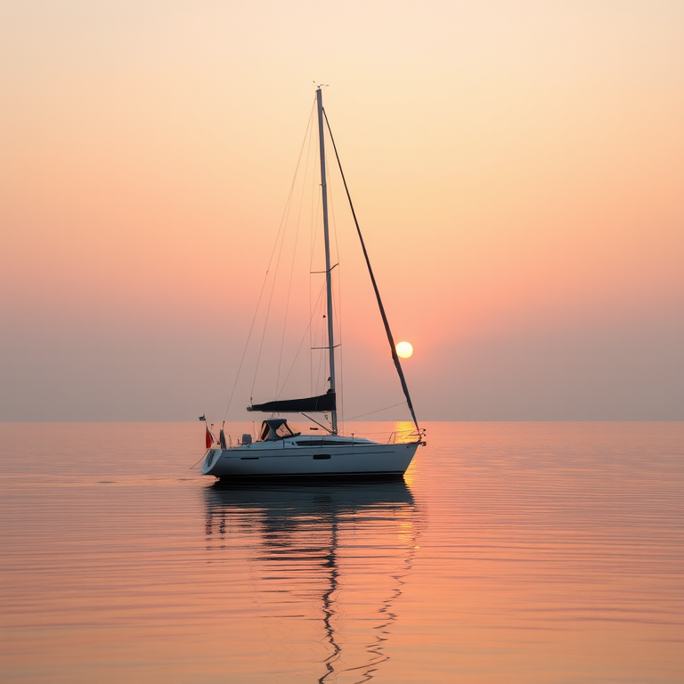 sailboat on calm water at sunrise, soft pastel colors in the sky, reflectiveness of water, ISO 100, f/8, 1/250 sec, 50mm lens, wide-angle view, DSLR camera, high resolution