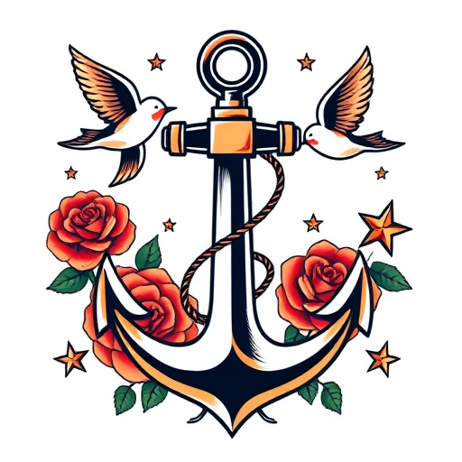 Traditional American tattoo style piece named "Sailor's Fortune" with bold outlines and bright primary colors depicting a classic anchor surrounded by roses swallows and nautical stars symbolizing hope and guidance