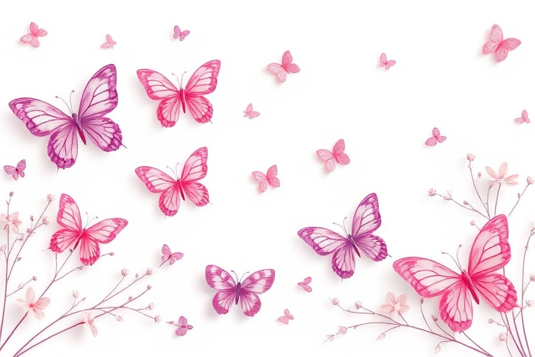Create a beautiful and delicate border design featuring various butterflies in soft shades of pink and purple. The background should be mostly white to enhance the elegance of the butterflies, with a whimsical and light feel. Incorporate subtle floral elements to complement the butterflies, ensuring a harmonious and inviting overall appearance.