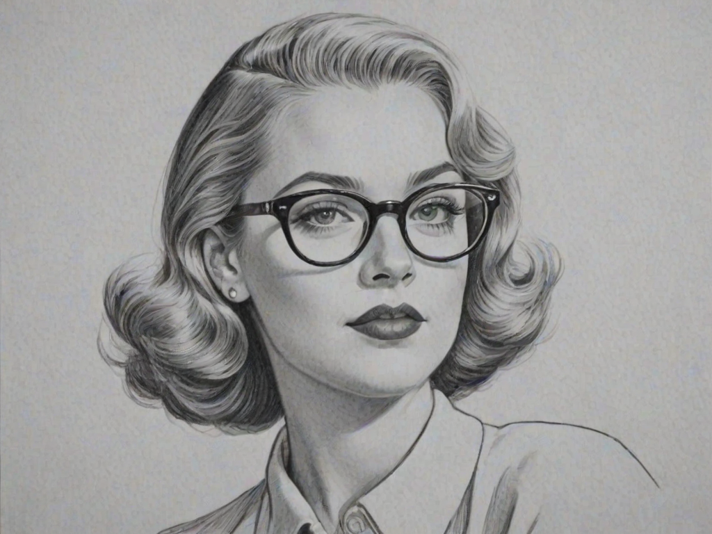 Enticing Sabrina Spellman, pencil sketch, portrait of Magnificent woman 1941s in glasses, hair style beatnik, outline, clear lines, fine lines, 8k