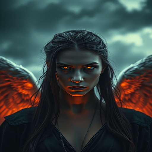 Create a dramatic portrait of a brooding, powerful figure with glowing eyes and angelic wings, employing a shallow depth of field with a Canon EOS R5, 85mm f/1.2 lens, ISO 200, aperture f/1.2, in soft, diffused lighting for an ethereal effect, capturing the interplay of light and shadow against a stormy cloud backdrop.