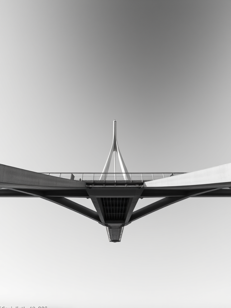 Aerial view of a modern bridge against a city skyline, taken with a Canon EOS R5, 50mm lens, f/8 aperture, ISO 100, 1/250 sec, in black and white, emphasizing sharp details and contrast.