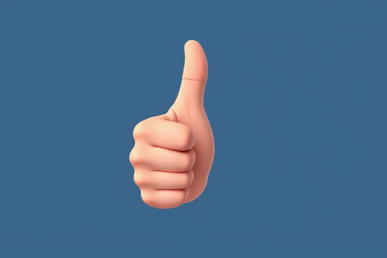 Create an illustration of a stylized thumbs-up gesture with a smooth, minimalistic design, high resolution, captured with a DSLR camera at f/2.8, ISO 100, and 50mm lens, using a top-down view and soft lighting to enhance clarity and details.