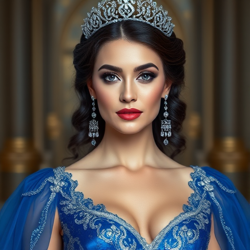 A gorgeous Turkish woman in a luxurious blue gown, accessorized with a dazzling tiara and statement earrings, her deep blue eyes highlighted by impeccable makeup, poised in a royal setting, photorealistic, 8K quality