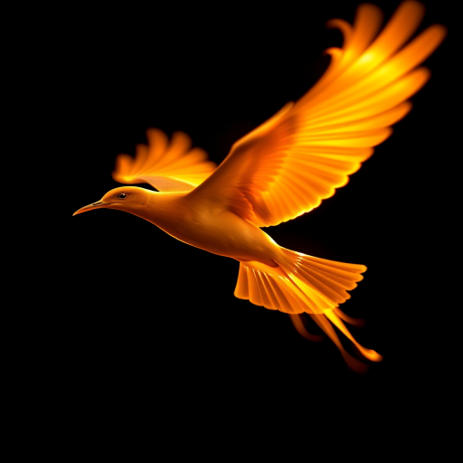 create a glowing bird in flight with flame-like trails on a black background, using a DSLR camera with a 50mm lens at f/1.8, ISO 100, shutter speed 1/200s, in high contrast and low light settings, capturing a dynamic view with a slight motion blur effect