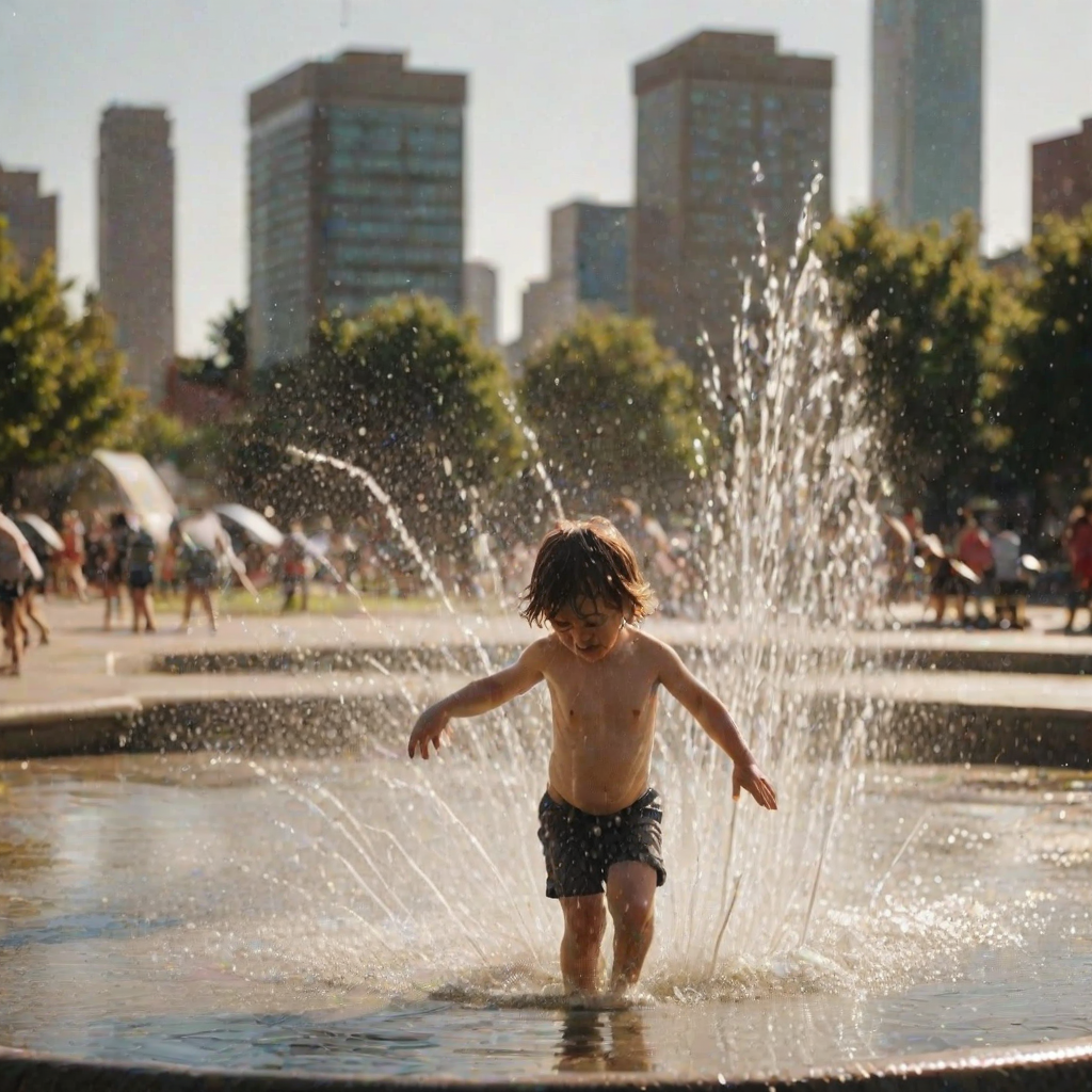 Blurry candid shot of a child playing in a fountain on a hot summer day, water droplets caught mid-splash, with soft sunlight creating rainbow reflections in the mist and distant city buildings in the background.