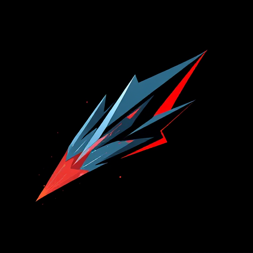 Create a dynamic illustration of a stylized comet with sharp, angular edges and vibrant red accents, captured in high resolution with a Canon EOS 5D Mark IV using a 50mm f/1.8 lens, aperture set to f/8, ISO 100, at a 45-degree angle to enhance depth and detail in a dark backdrop.