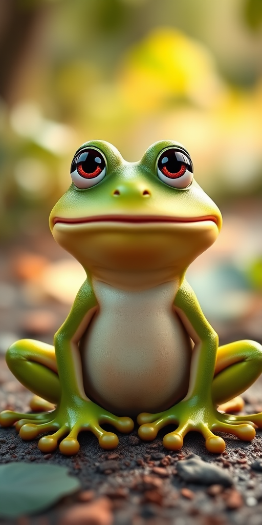 Create a high-resolution cartoon image of a smug green frog, centered in the frame, using a DSLR camera with a 50mm lens, aperture set to f/2.8 for a shallow depth of field, ISO 100 for optimal clarity, and natural lighting to enhance color vibrancy.