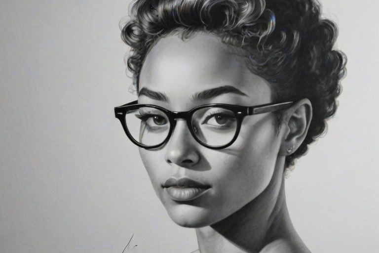 Sublime Tati Gabrielle, pencil sketch, portrait of Fascinating woman 1949s in glasses, hair style beatnik, outline, clear lines, fine lines, 8k
