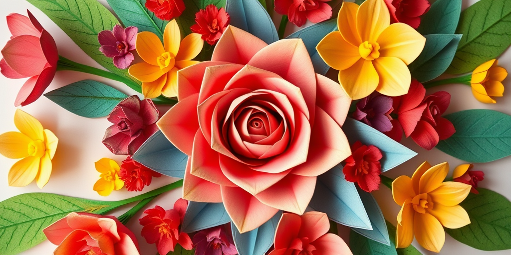 Create a hyper-realistic floral design featuring intricate paper art with vibrant colors and a central rose, captured using a Canon EOS R5, 50mm lens, f/1.8 aperture, ISO 100, in soft natural lighting, top-down view for detail emphasis.