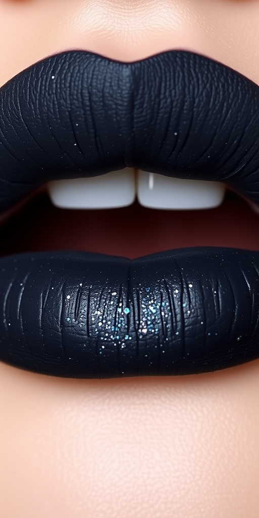 Matte charcoal grey lips with silver micro-glitter, titled "Starry Night," provide an edgy, dramatic look with a comfortable, long-lasting formula