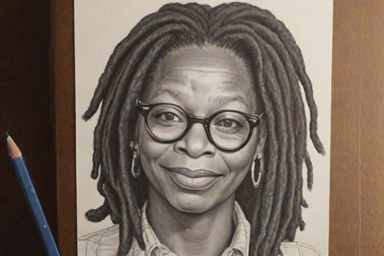 Pleasing Whoopi Goldberg, pencil sketch, portrait of Beauteous woman 1970s in glasses, hair style beatnik, outline, clear lines, fine lines, 8k