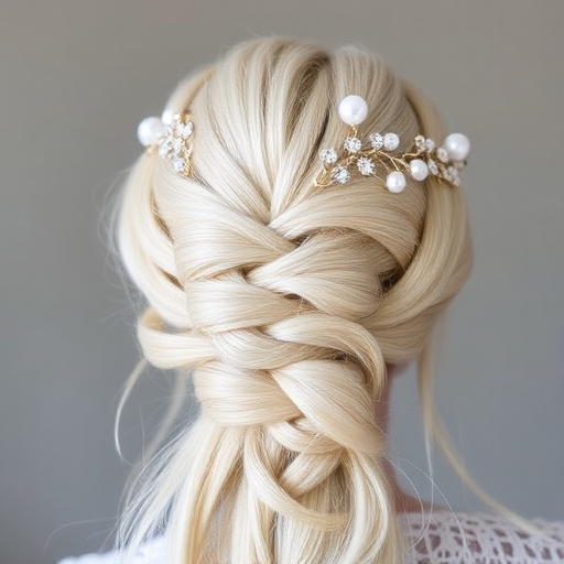 Ethereal Moonbeam Halo braid showcasing a crown of intricately woven platinum blonde hair, accented with shimmering pearl and crystal hair accessories