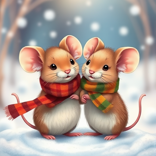 Two cute mice wearing colorful scarves, standing close together in a snowy landscape with falling snowflakes, soft focus, aperture f/2.8, ISO 100, 50mm lens, shallow depth of field, warm lighting, vibrant colors, digital illustration style.