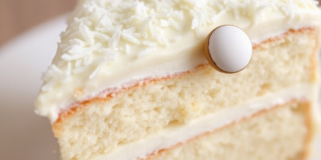 A close-up of a slice of white cake with layers of creamy frosting and a sprinkle of shredded coconut on top, featuring a small round decorative coconut treat resting on the cake's surface. The cake has a moist texture and a light, airy appearance, showcasing its delicious layers.