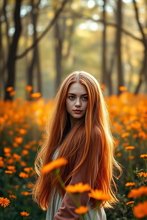 Create a portrait of a young woman with long, flowing red hair standing in a forest filled with glowing orange flowers and soft sunlight filtering through the trees, using a Canon EOS R5 with a 50mm f/1.2 lens, aperture set to f/1.2 for a shallow depth of field, shot in natural light, with a warm color palette to enhance the vibrant tones of the scene.