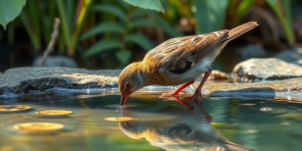 Superfine painterly Seen from the water's edge a single {bird name} drinking from a garden water bath