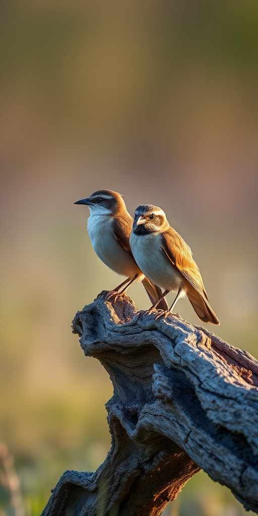 two birds perched on a driftwood log in a natural setting with soft blurred background, taken with a DSLR camera using a 200mm lens, aperture set to f/4, ISO 200, shutter speed 1/500s, sharp focus on the birds, natural light during golden hour
