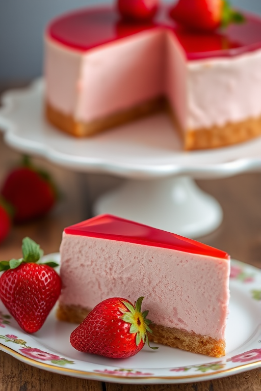 A slice of strawberry mousse cake on a decorative plate with a whole strawberry beside it and a blurred background of the cake on a stand. The cake has a smooth pink mousse layer and a glossy red jelly topping.