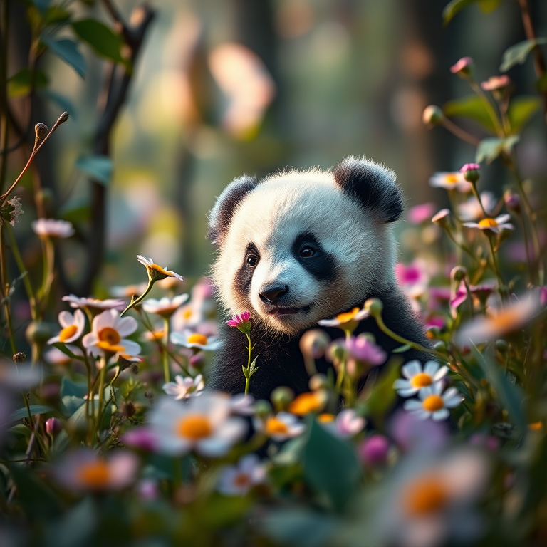 panda cub surrounded by flowers in a mystical forest, soft lighting, shallow depth of field, 50mm lens, f/1.8 aperture, ISO 200, shot in a low angle view, using a DSLR camera, vibrant colors and high detail