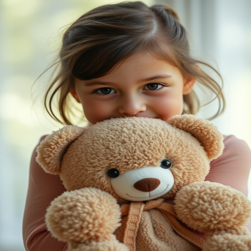 capture a portrait of a young girl hugging a teddy bear, soft natural light, bokeh background, aperture f/1.8, shutter speed 1/200s, ISO 100, portrait lens on DSLR