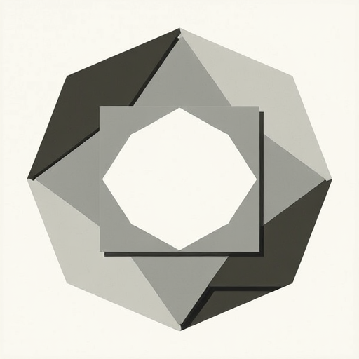Create an abstract geometric design featuring overlapping shapes in a monochromatic color scheme, captured with a Canon EOS R5 at f/8 aperture, 50mm lens, ISO 100, in natural light with a top-down view for enhanced clarity and detail.