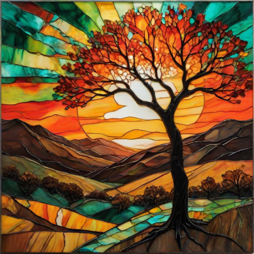 A vibrant abstract painting on Tiffany Glass, blending acrylic and alcohol ink techniques, captures a dramatic sunset over rolling hills. The artwork features a textured, rocky foreground in green and brown, layered abstract hills, and a striking sunset in rich oranges, yellows, and reds. A solitary black tree with intricate branches contrasts against the fiery sky, creating a dynamic and expressive portrayal of a breathtaking natural scene.