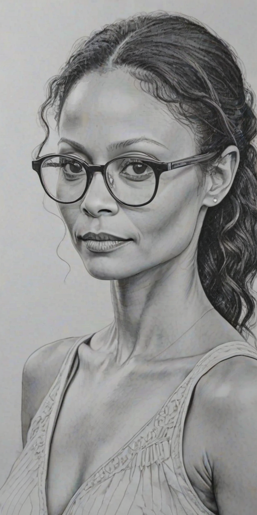 Magnificent Thandie Newton, pencil sketch, portrait of Enchanting woman 1973s in glasses, hair style beatnik, outline, clear lines, fine lines, 8k